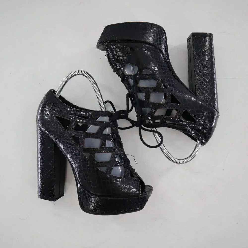 Mia Gilly Platform Heels Womens 8M Black Y2K Strappy Snakeskin Edgy Clubbing 90s